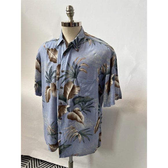Campia Moda Vintage Tropical Hawaiian Leaf Shirt Size Large Blue Rayon - Picture 9 of 16